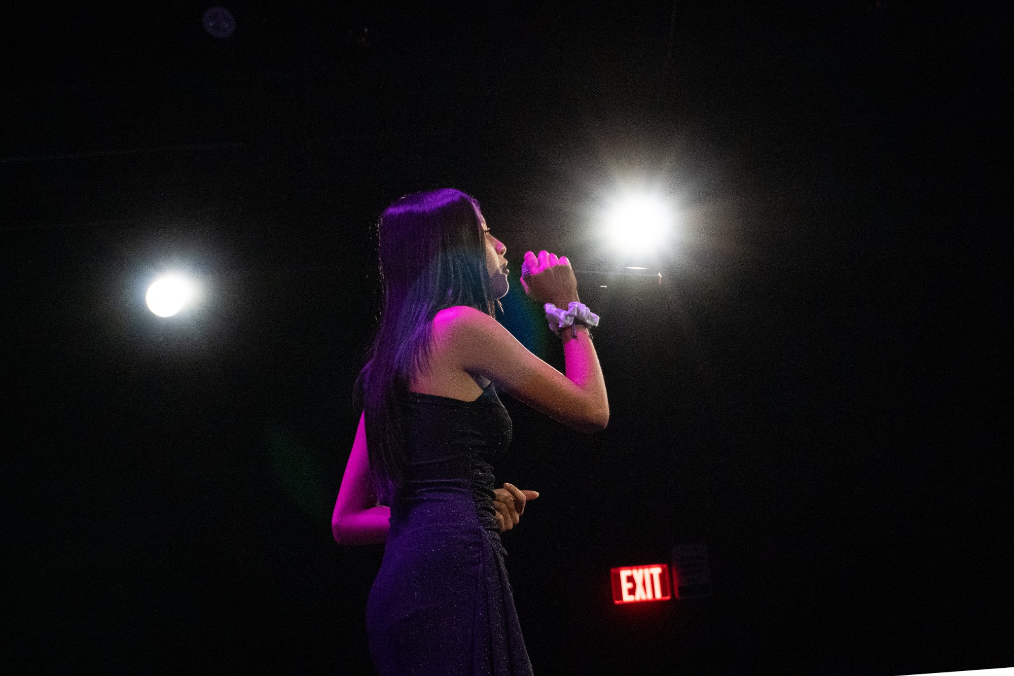 Vocalist performing under spotlight